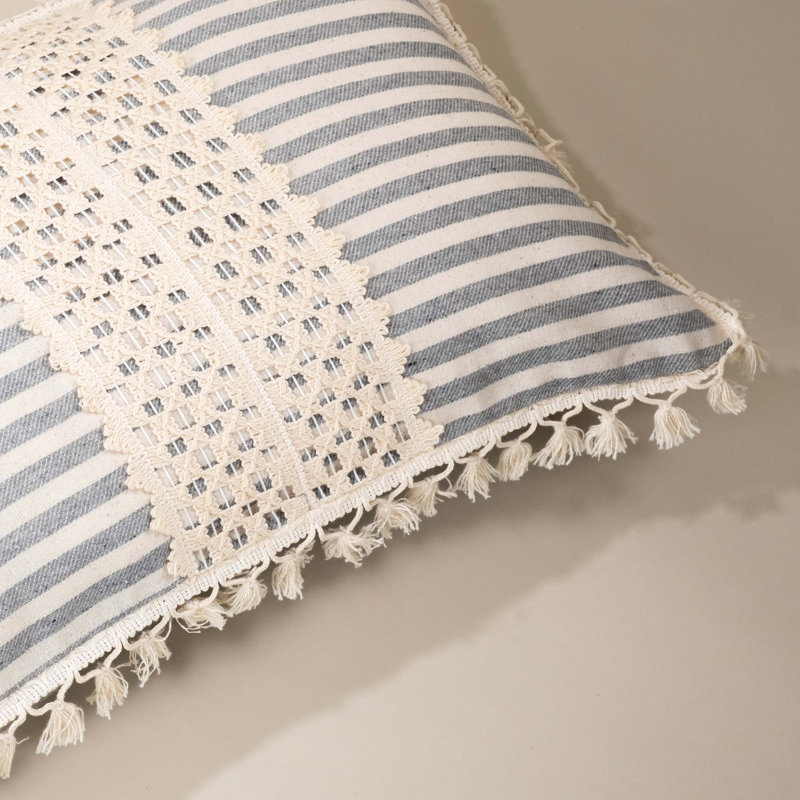 Arrowpoint Striped White Rectangular Throw Pillow Cover, Cream/Grey