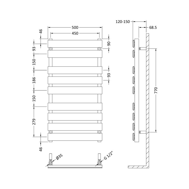 Piazza Flat Panel Towel Rail Heated Towel Rails, 95 x 50cm, Chrome