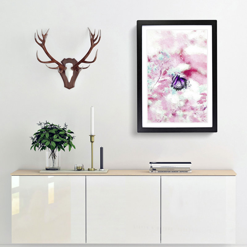 A Butterfly Upon A Flower In Abstract - Single Picture Frame Painting, 63cm H x 45cm W x 2cm D, Black Framed