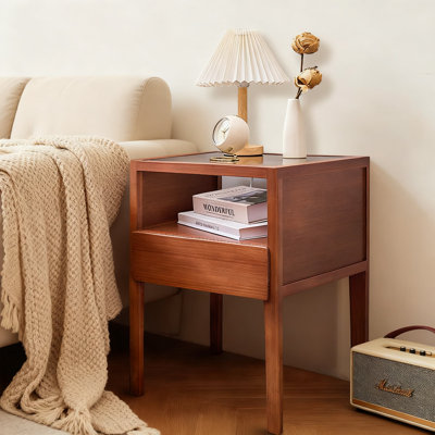 Table de chevet moderne en bois avec tiroir et tablette de rangement - Table de chevet en verre trempé pour chambre à coucher, style campagnard et style Mid-Century