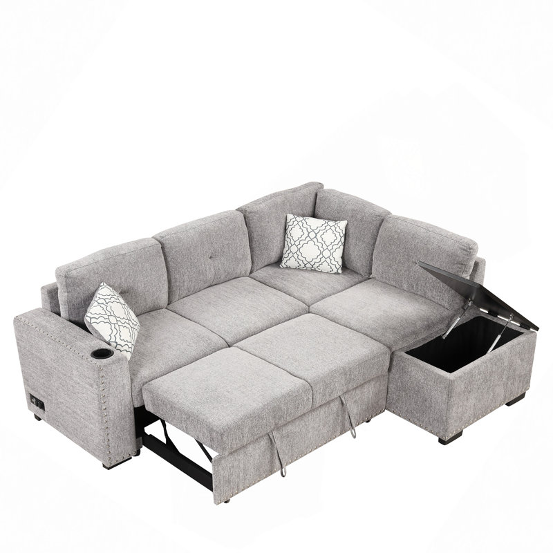 Canapé modulaire, canapé-lit modulaire en L de 83,8 po, canapé-lit coulissant, méridienne de rangement, ports USB et porte-gobelets
