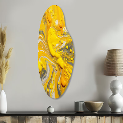 Yellow and Grey Cosmic Vibrations I - Abstract Asymmetrical Metal Wall Decor, Yellow Curved Metal Art Print