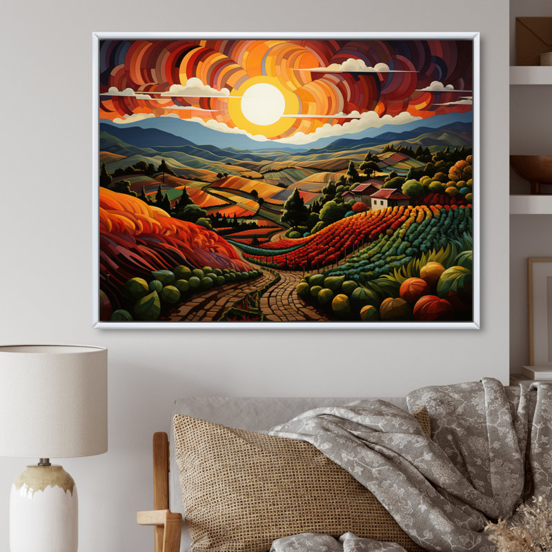 «Orange Green Vineyard Rows Of Ruby I», reproduction sur toile, H 16 po x l 32 po x P 1 po, Cadre flottant blanc
