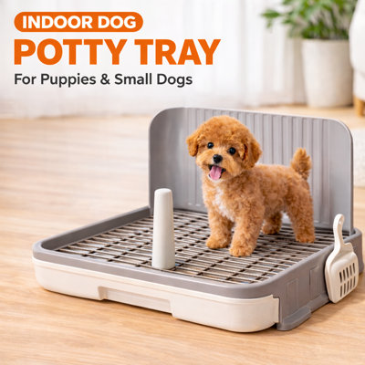 Indoor dog potty tray with pee post and splash guard, leak-proof plastic dog toilet for puppies and small to medium dogs, 20 x 15 in
