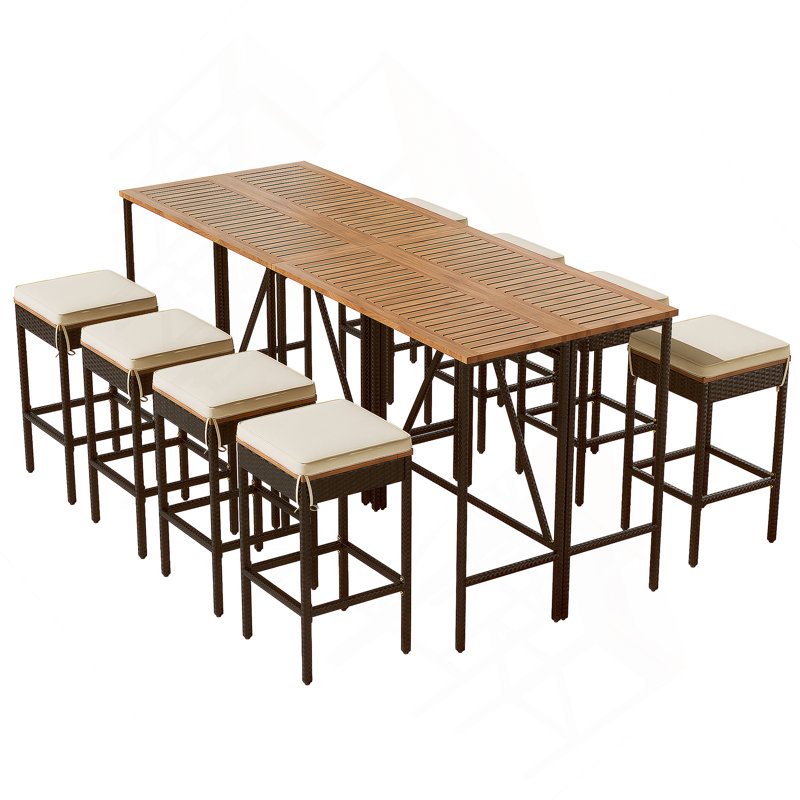 10-Piece Outdoor Acacia Wood Bar Height Table And Eight Stools With Cushions, PE Rattan