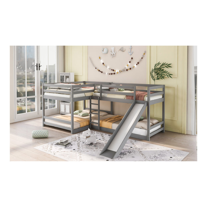 Lit superposé en L pour lit double et simple avec glissière et échelle courte, gris