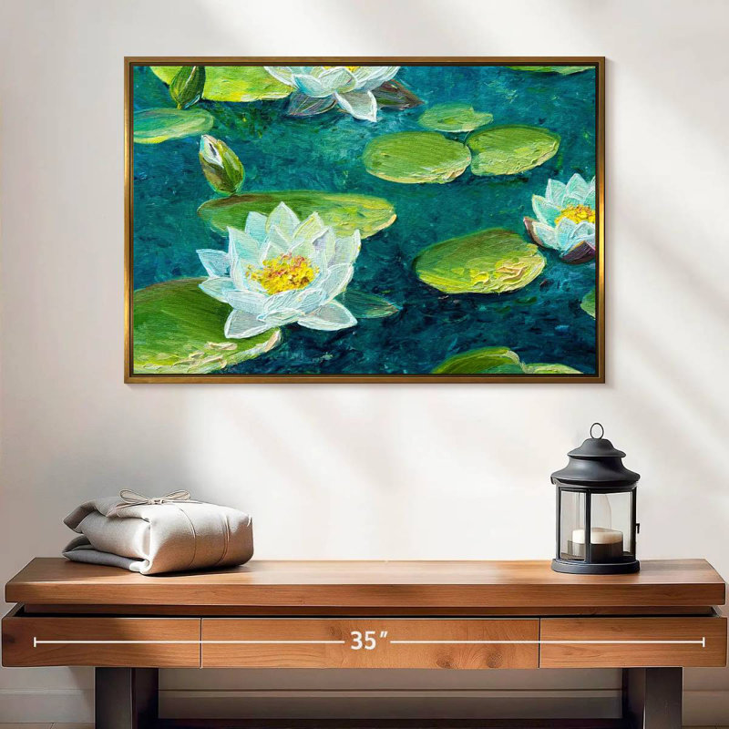 Fleur de nénuphar, 25 po x 17 po, Cadre flottant doré