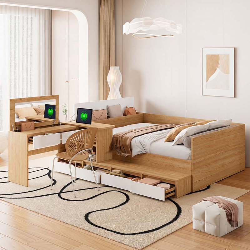 Lit plateforme en bois avec 6 tiroirs, tablettes et coiffeuse, Naturel