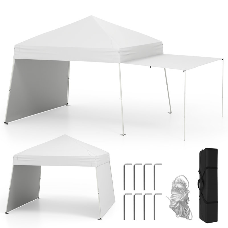 Auvent 14 x 9,2 pi avec 2 parois latérales convertibles en auvent et piquets blanc, Blanc