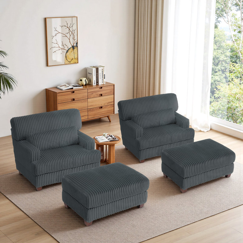 Modern Chaise Lounge Chair With Movable Ottoman And Pillow(Set Of 2), Dark Grey