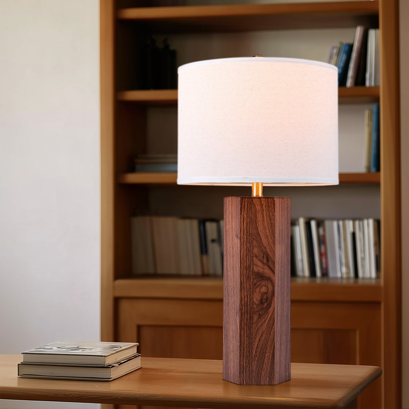 29'' Tall Wood Table Lamp with Linen Shade, 29" H x 15" W x 15" D, Beige