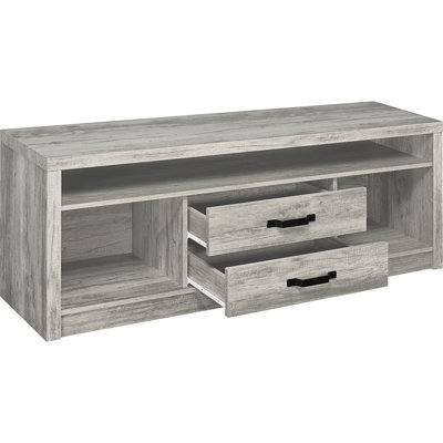 Meuble télé en bois d'ingénierie avec abat-jour en bois flotté gris, deux tiroirs pour un rangement spacieux, aspect rustique, caractère, construction, finition lisse, profondeur de 15,5 po en couleur, articles de rangement, finition