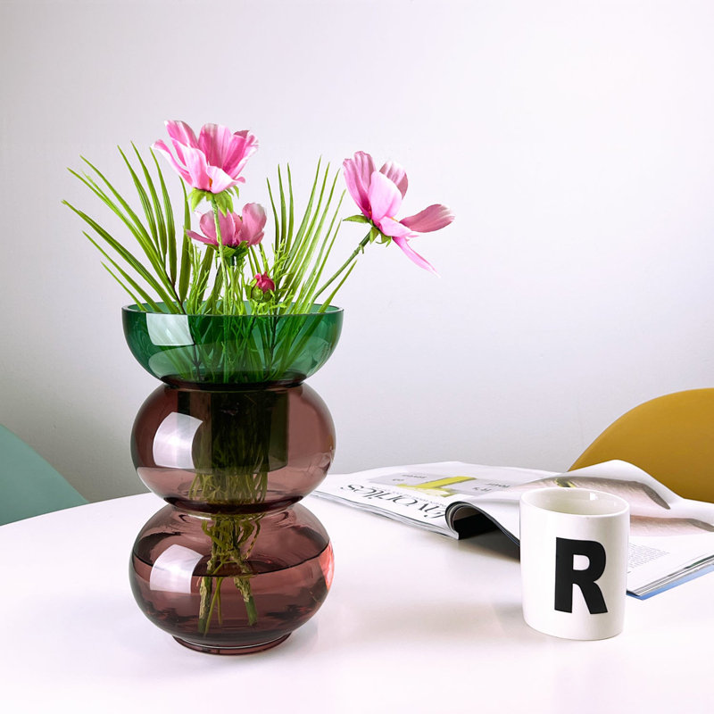Handmade Glass Table Vase, Green/Pink, 9.45" H x 6.26" W x 6.26" D