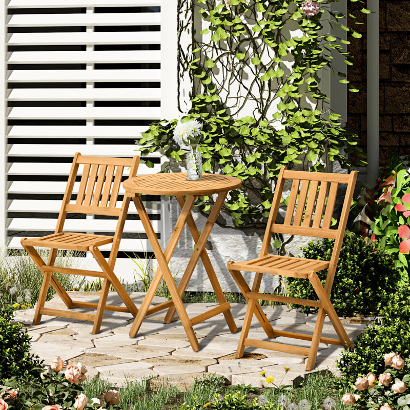 Wood Bistro - Ensemble de 3 meubles de patio pliants avec 2 chaises et une table ronde. Élégant, pour cour, terrasse, balcon 3 pour cour avant, balcon. - Finition semblable, surface lisse