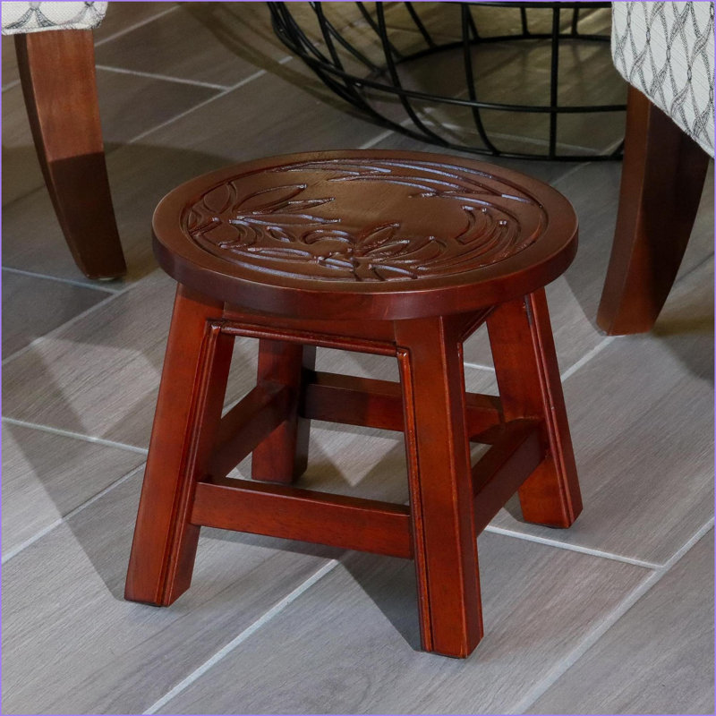 Marchepied en bois sculpté floral hévéa cerisier | Table d'appoint repose-pieds repose-pieds | Noyer brun | Bois massif