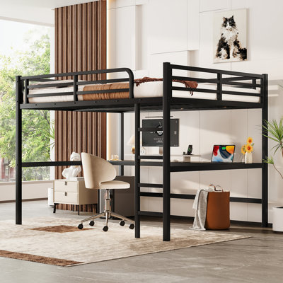 Queen Metal Loft Bed with Desk, USB Charging, LED Lights, Safety Guardrails, Space-Saving Design, Black