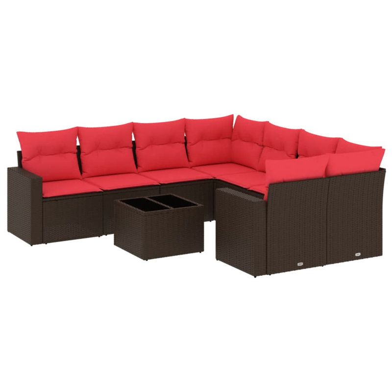 Ensemble de canapé de patio 9 pièces avec coussins en rotin de polyester, Rouge, Brun