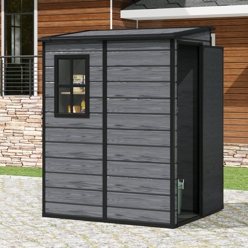 Dark grey wood grain plastic tool shed