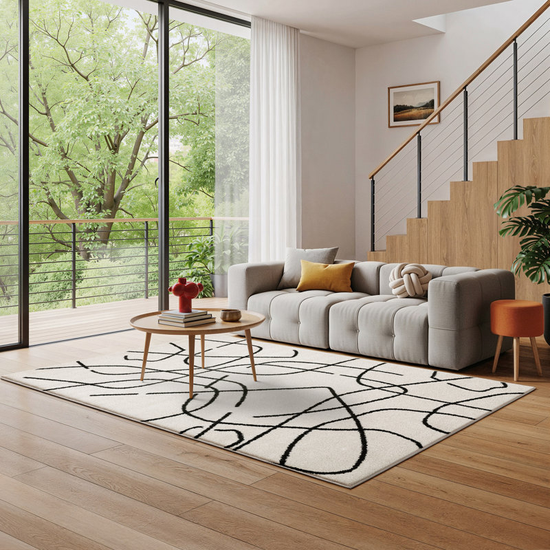 Colesen Mid-Century Abstract Lines Beige/ Black Area Rug, Rectangle 7'10" x 10'