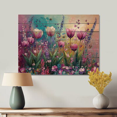 Fantaisie lavande et champ de tulipes II - décoration murale en bois de tulipes - sur bois de pin naturel