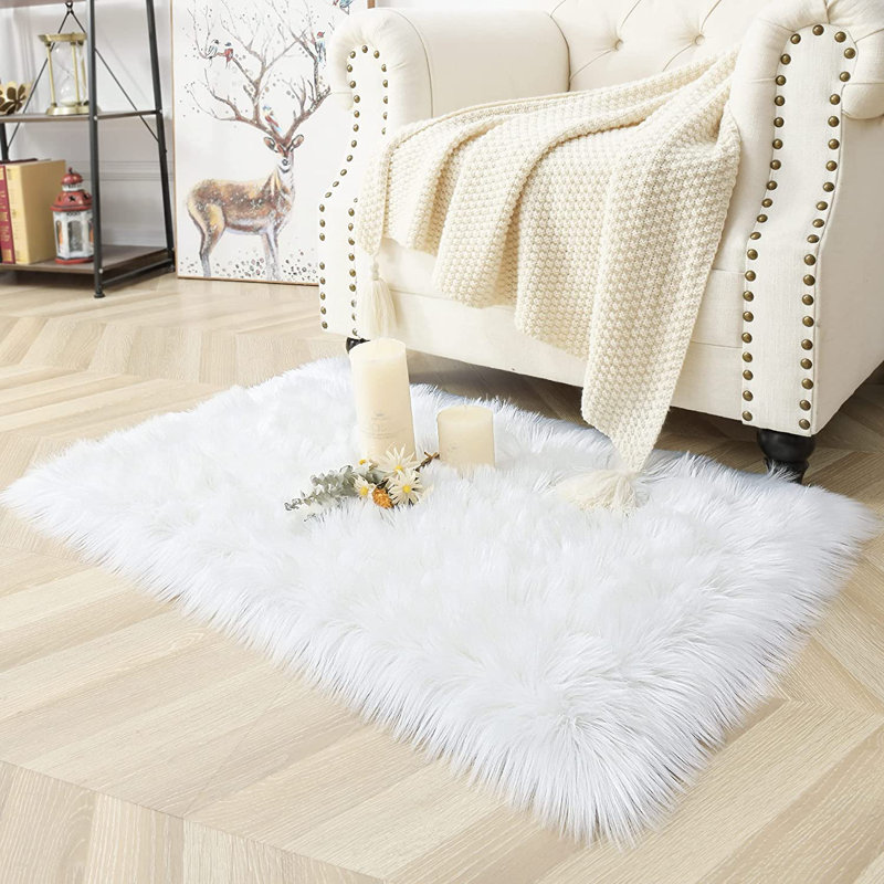 Ismene Solid Colour Shag Area Rug, Rectangle 60 x 90 cm, White 