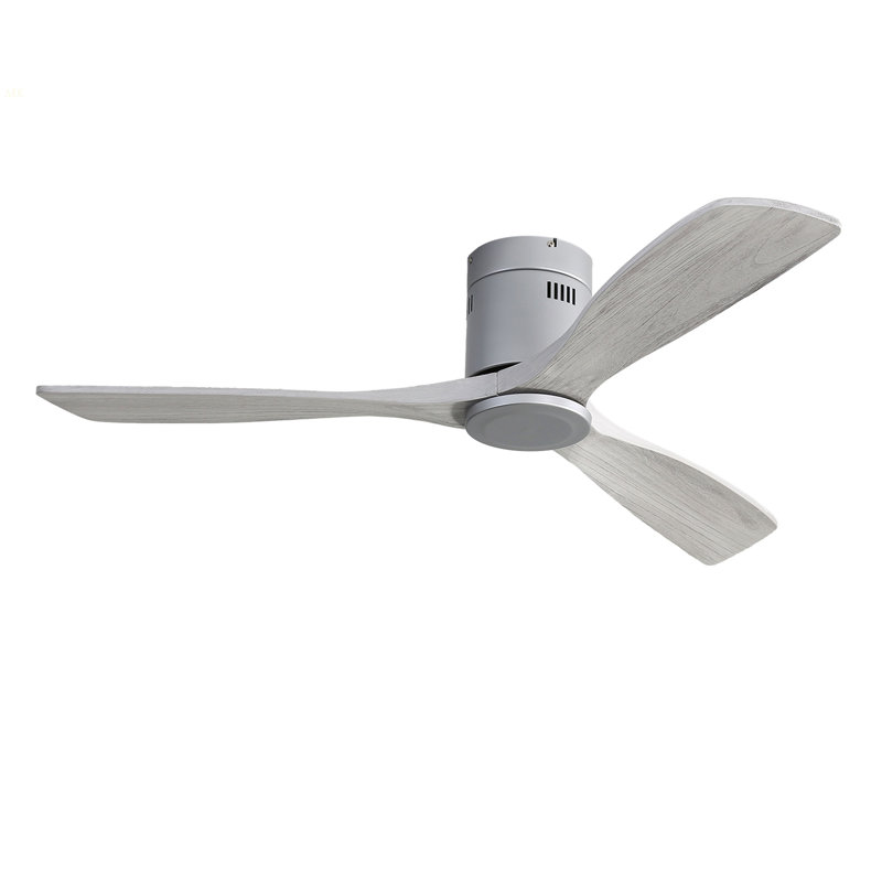 52 Inch Flush Mount Ceiling Fan DC 3 Carved Wood Fan Blade Noiseless Reversible Motor Remote Control Without Light, Silver