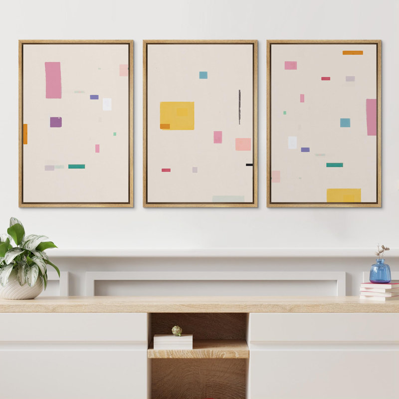 Abstract Shape " Pink Yellow Minimalist Polygon Pattern Abstract Geometric Decor Boho Multicolor " 3 - Pieces