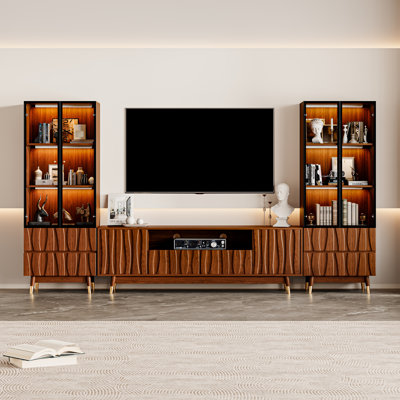 114.2" Mid-century Modern Brown Entertainment Center With Drawers And Storage For 55/65 Inch TV, Wood Walnut Finish 66.8" TV Stand And 23.6" Glass Display Cabinet Set Media Console For Living Room