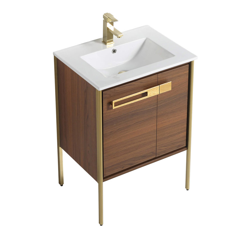 24" Single Bathroom Vanity, Satin Brass, Walnut Ebony
