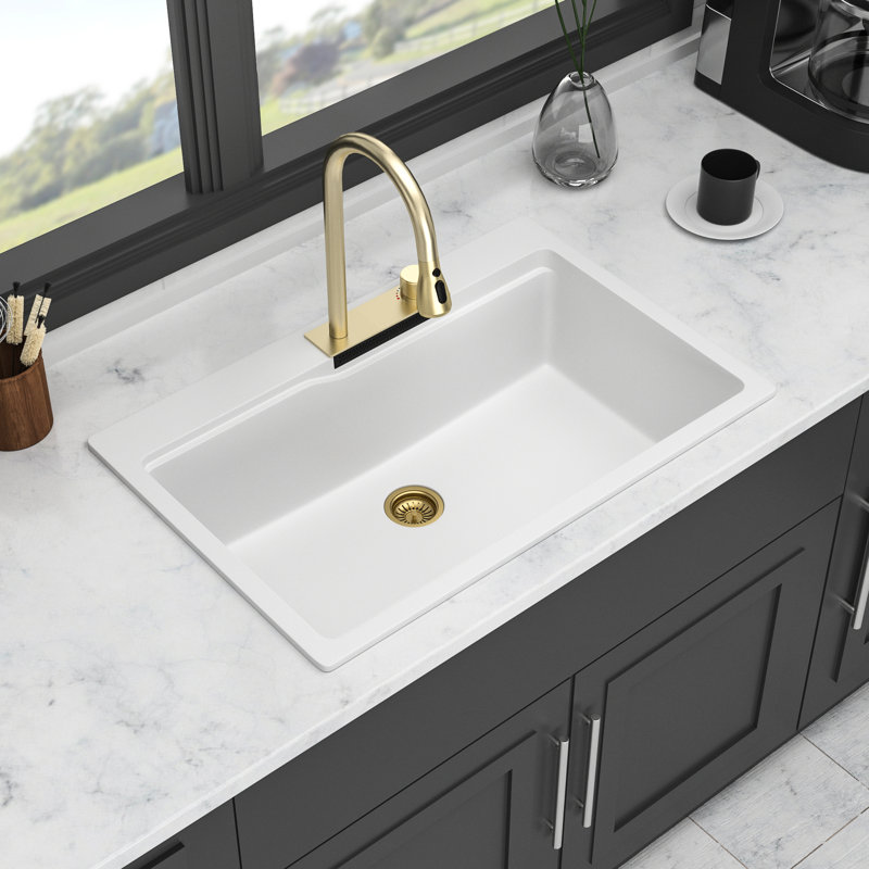 White Quartz Composite Kitchen Sink 33X22" - Waterfall Style, Pull-Out Faucet & Assorted Accessory Packages For Workstation Charm, Aggregations