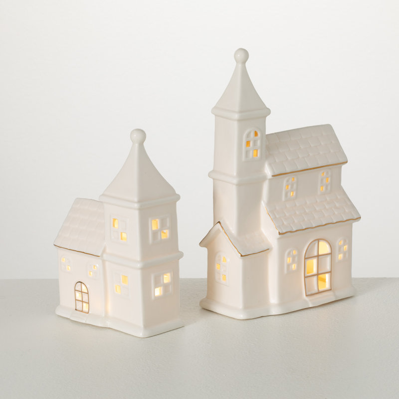 7.5"H And 9.75"H Lighted Porcelain Church; White