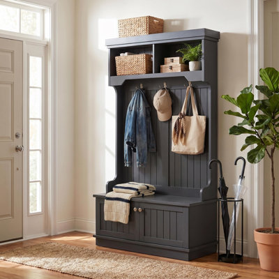 5-in-1 Garage Storage Cabinet with Bench, Coat Rack, Organizer Hall Tree for Entryway or Garage, Black