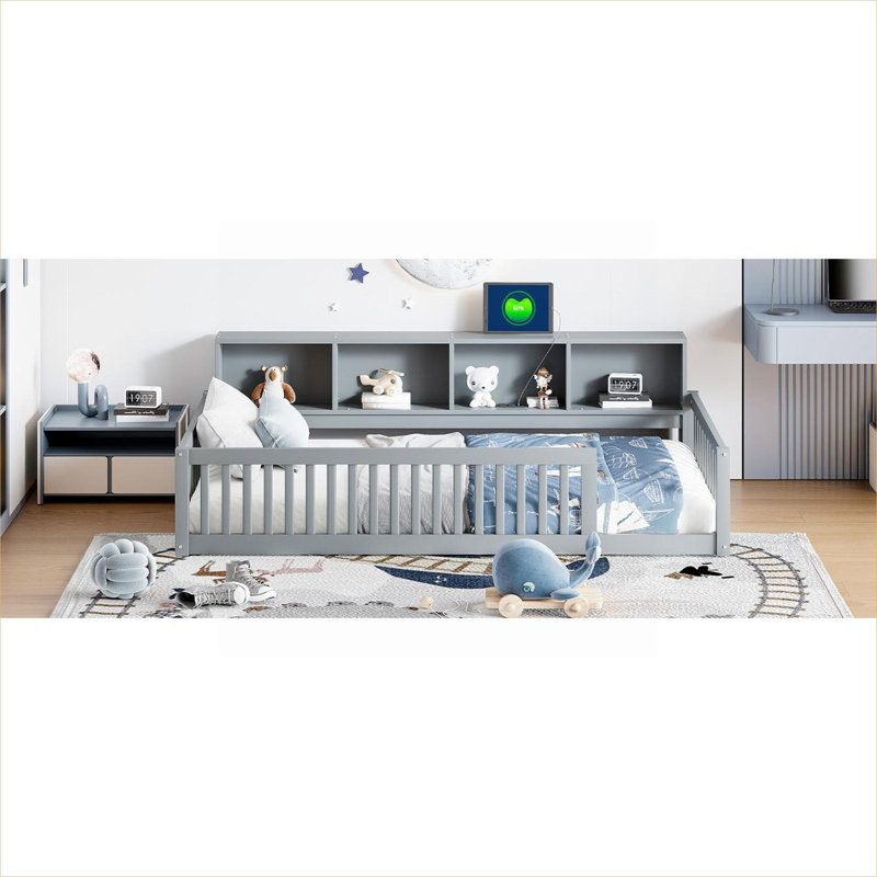Modern Minimalist Twin XL Floor Bed Frame With Built-in Storage Cabinets and USB Charging Ports, Solid Wood Construction, Cool Gray