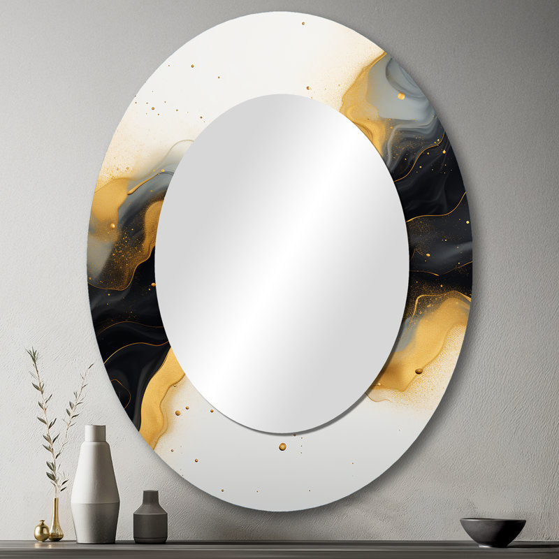 Gold And Black Marble Essence IV - Gold Modern Oval Wall Mirror, 43" x 33"