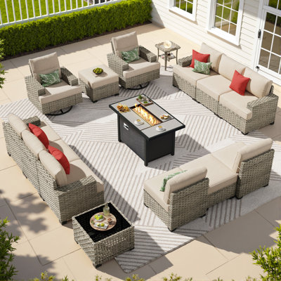 Ensemble modulaire d'extérieur pour 12 personnes avec coussins, chaises berçantes pivotantes, table basse à DEL et foyer, ensemble de patio en osier toutes saisons	