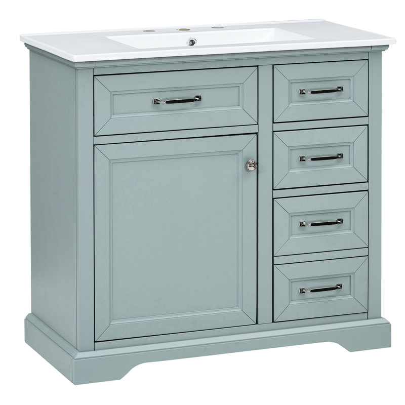Meuble-lavabo moderne de 36 pouces avec lavabo sous-comptoir en céramique, quincaillerie en métal rouille à fermeture en douceur, 2 tiroirs basculants, tablette de rangement coulissante pour serviettes et articles de toilette 36