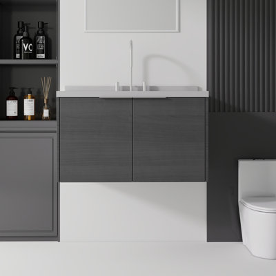 Meuble-lavabo de 91 cm (36 po) avec lavabo en céramique, comptoir et dosseret en marbre reconstitué, armoire de rangement suspendue en contreplaqué avec portes à fermeture amortie, gris