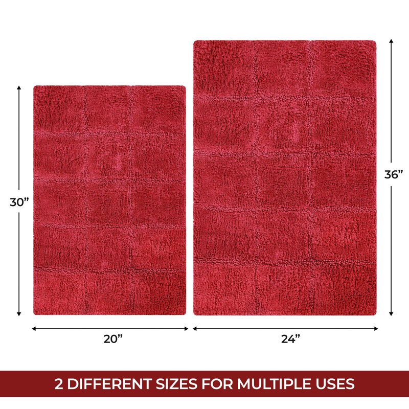  Brentwood Non-Slip Checkered 100% Premium Cotton Bathroom Rug Set, Burgundy