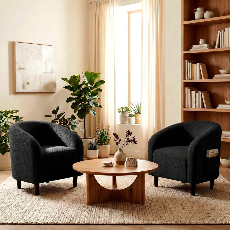 Accent Barrel Chair, Modern Furry Teddy Fabric Club Chair, Upholstered Armchair With A Side Pocket For Living Room/Bedroom/Reception Room, Teddy Black