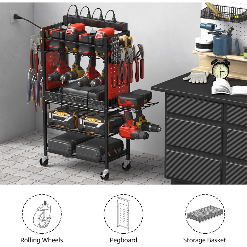 Rolling Tool Cart With Power Strip & Charging Station For Mechanics