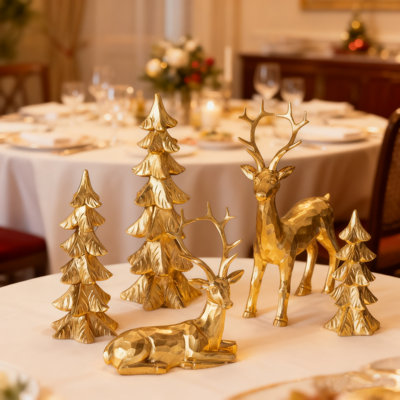Gold Christmas Reindeer Statue Set, 5Pcs Tabletop Decor With Mini Christmas Tree - Glittering Deer Figurines For Xmas Mantel, Holiday Home Decor 2025, Vintage Festive Centerpiece