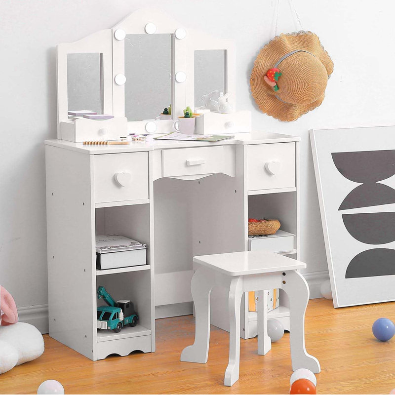 Ensemble de coiffeuse pour enfants avec miroir à trois volets et table de maquillage en bois 2 en 1 Princess, Blanc