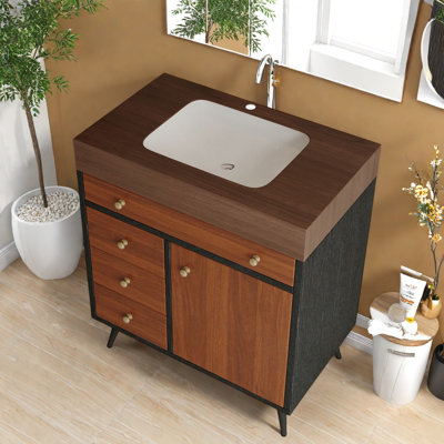 Meuble-lavabo moderne avec lavabo, bois massif, plateau en faux marbre, finition brune