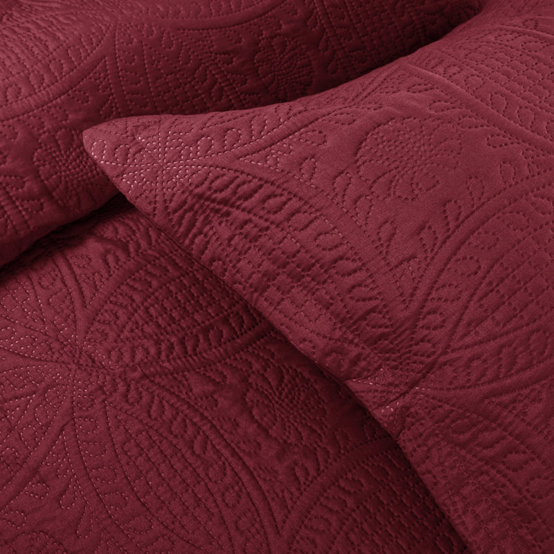 3 Piece Bedspread Set - Reversible Quilt Set - Lightweight Microfiber Coverlet for Queen King Twin, Burgundy