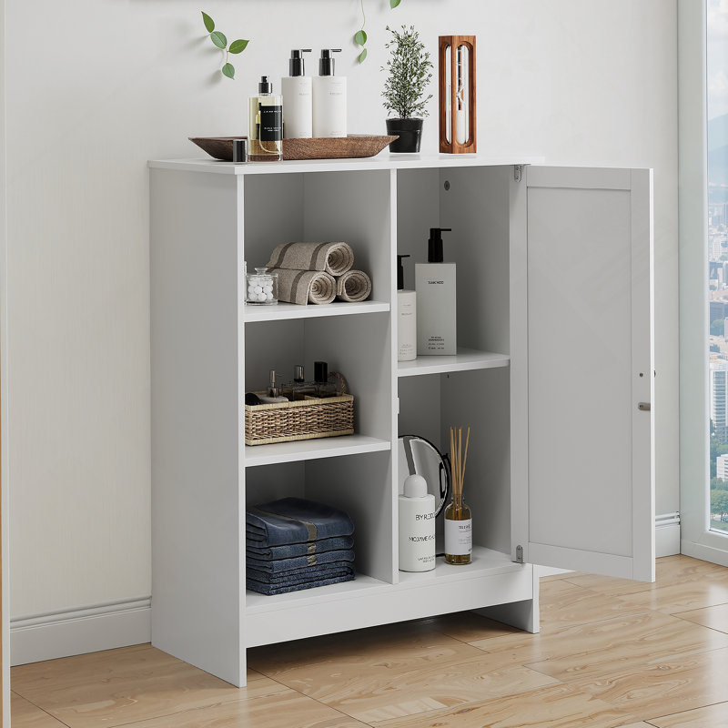 Bathroom Cabinet, Kitchen Freestanding Storage Rack, 23.62" X 11.81" X 31.5" Floor Storage Cabinet With 1 Cabinet, 3 Open Compartments, Adjustable Shelves, White