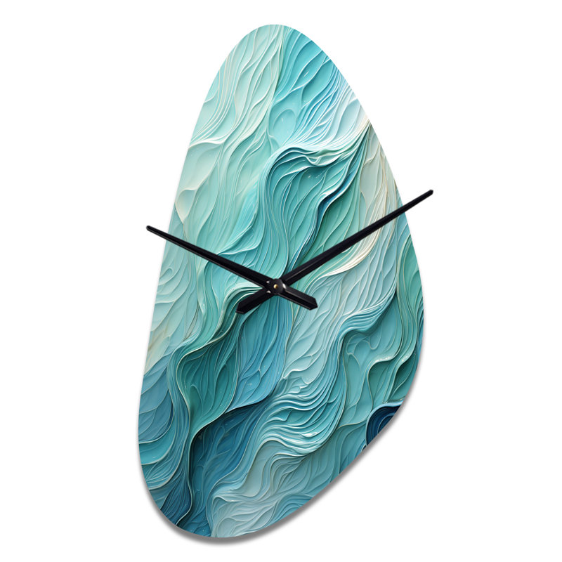 Turquoise bleu et blanc Serenity Swirl I - horloge murale asymétrique en spirale abstraite, impression d'horloge murale moderne de forme unique