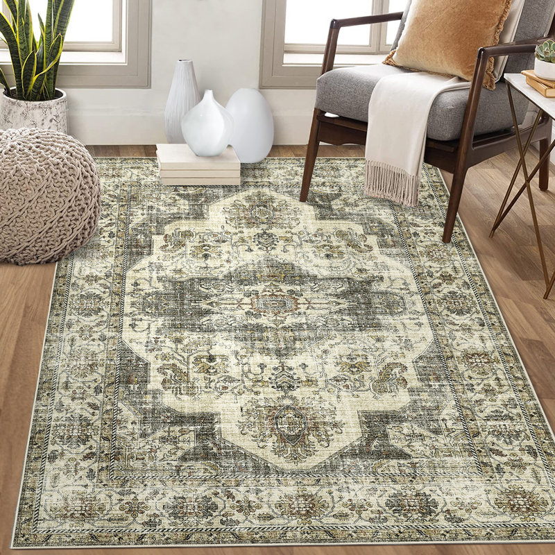 Oriental Machine Washable Rug with Rubber Backing for Living Room Durable Vintage Floor Carpet Easy-Cleaning Rug