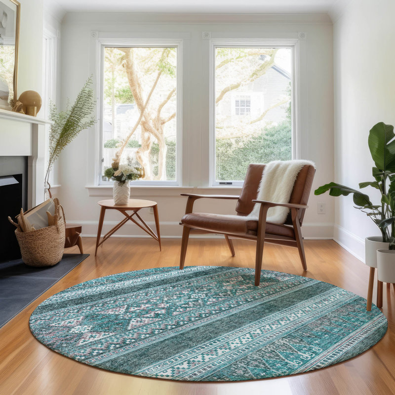 Premium Machine Washable Prisco Teal Rug, Round 8'
