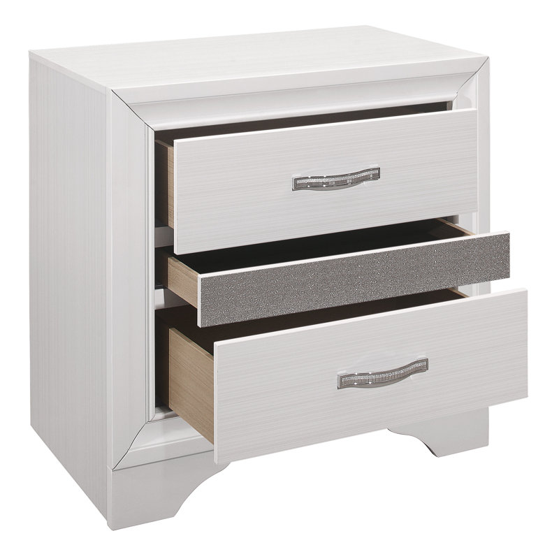 Table de chevet pour chambre à coucher avec glissière centrale en métal - blanc et paillettes argentées blanc moderne, décorations, 3 tiroirs