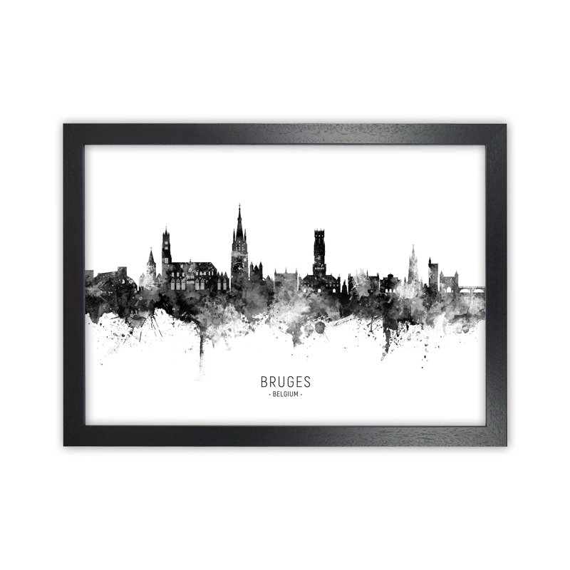 Bruges Belgium Skyline Black White City Name by Michael Tompsett - 1 Piece Wall Art, 25cm H x 34cm W x 3cm D, Black Framed